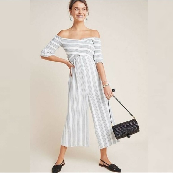 ALI & JAY Pants - Ali & Jay Anthropologie Off the Shoulder Striped Wide Leg Jumpsuit